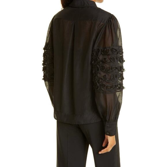 Rebecca Taylor $295 Women's Black Silk Ribbon Trim Sheer Button-Up Size S Luxury - Picture 10 of 16